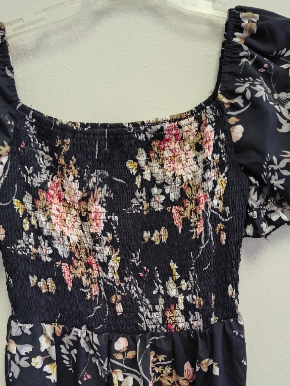 Floral Smocked Black Mini Dress - Picture 2 of 7